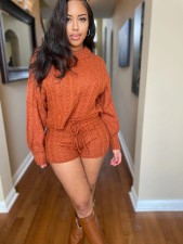 Fashion Solid Color Long Sleeve Short Sweater 2 Piece Set QXTF-8210