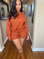 Fashion Solid Color Long Sleeve Short Sweater 2 Piece Set QXTF-8210