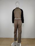 Lapel Color Block Long Sleeve Pants Sport Two Piece Set MUE-7970