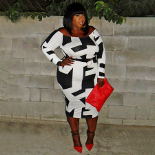 Plus Size Long Sleeve Geometric Printed Midi Dress NNWF-7961