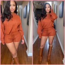 Fashion Solid Color Long Sleeve Short Sweater 2 Piece Set QXTF-8210