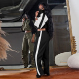 Lapel Color Block Long Sleeve Pants Sport Two Piece Set MUE-7970