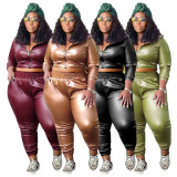 Plus Size Casual PU Leather Zipper Slim Two Piece Pants Set NNWF-7959