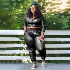Plus Size Casual PU Leather Zipper Slim Two Piece Pants Set NNWF-7959
