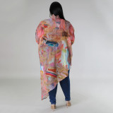 Plus Size Sleeve Round Neck Printed Chiffon Top NNWF-7942
