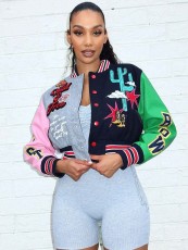 Plus Size Print Rib Color Blocking Baseball Jacket OM-1709