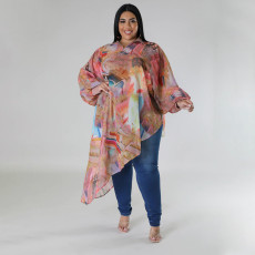 Plus Size Sleeve Round Neck Printed Chiffon Top NNWF-7942