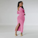 Long Sleeve Square Neck Slim Split Midi Dress YF-10647