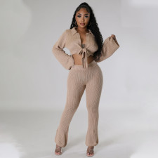 Solid Color Tie Up Tops And Micro Flare Pants Sweater 2 Piece Set YS-870