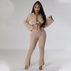 Solid Color Tie Up Tops And Micro Flare Pants Sweater 2 Piece Set YS-870