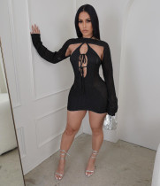 Sexy Hollow Out Tie Up Backless Mini Dress MDF-5387