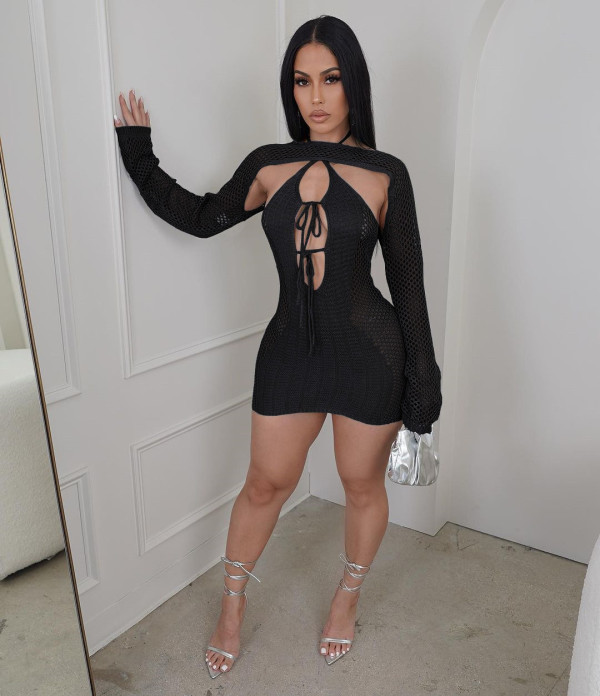 Sexy Hollow Out Tie Up Backless Mini Dress MDF-5387