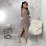 Long Sleeve Square Neck Slim Split Midi Dress YF-10647