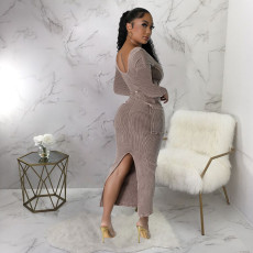 Long Sleeve Square Neck Slim Split Midi Dress YF-10647