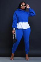 Solid Patchwork Pleated Sleeve Hoodies Two Piece Pants Set BS-1357