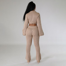Solid Color Tie Up Tops And Micro Flare Pants Sweater 2 Piece Set YS-870