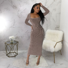 Long Sleeve Square Neck Slim Split Midi Dress YF-10647