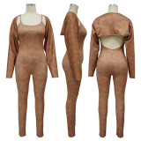 Long Sleeve Tops And Sling U Neck Tigh Jumpsuit 2 Piece Set YF-10648