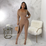 Long Sleeve Tops And Sling U Neck Tigh Jumpsuit 2 Piece Set YF-10648