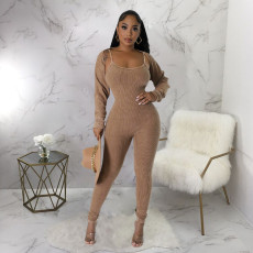 Long Sleeve Tops And Sling U Neck Tigh Jumpsuit 2 Piece Set YF-10648