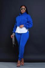 Solid Patchwork Pleated Sleeve Hoodies Two Piece Pants Set BS-1357