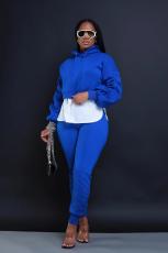 Solid Patchwork Pleated Sleeve Hoodies Two Piece Pants Set BS-1357
