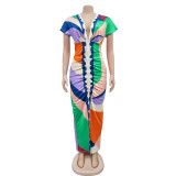 Fashion V Neck Print Split Pleated Maxi Dress BY-6660