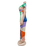 Fashion V Neck Print Split Pleated Maxi Dress BY-6660