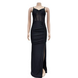 Solid Color Mesh Patchwork Sling Split Maxi Dress BY-6710