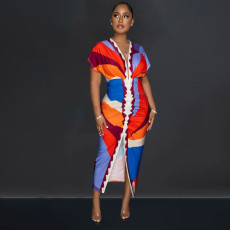 Fashion V Neck Print Split Pleated Maxi Dress BY-6660