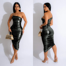 Sexy Slash Shoulder Sling Pleated Midi Dress BY-6738