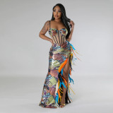 Sexy Sling Velour Patchwork Sequin Split Feather Evening Dress CYA-900826