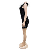 Solid Color Feather Sequin Sling Mini Dress BY-6711
