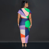 Fashion V Neck Print Split Pleated Maxi Dress BY-6660