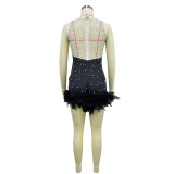 Solid Color Hot Drill Sleeveless Feather Romper BY-6643