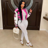 Fashion Print Long Sleeve Rib Patchwork Baseball Jacket YNSF-2618
