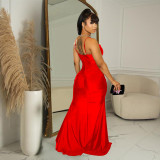 Solid Color Mesh Patchwork Sling Split Maxi Dress BY-6710