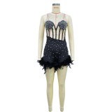 Solid Color Hot Drill Sleeveless Feather Romper BY-6643
