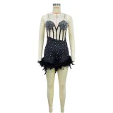 Solid Color Hot Drill Sleeveless Feather Romper BY-6643