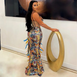 Sexy Sling Velour Patchwork Sequin Split Feather Evening Dress CYA-900826