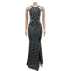Sexy Hot Drill Sleeveless Split Backless Maxi Dress BY-6679