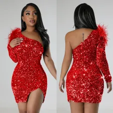 Fashion Single Shoulder Sequin Split Mini Dress BY-6719