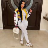 Fashion Print Long Sleeve Rib Patchwork Baseball Jacket YNSF-2618