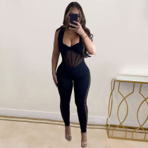 Plus Size Solid Color See Through Tight Sleeveless Jumpsuit NY-10633