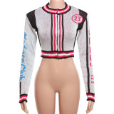 Contrast Color Print Zipper Tops And Skirts Sport Two Piece Set XEF-36911