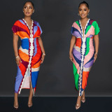 Fashion V Neck Print Split Pleated Maxi Dress BY-6660