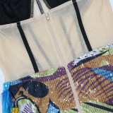 Sexy Sling Velour Patchwork Sequin Split Feather Evening Dress CYA-900826