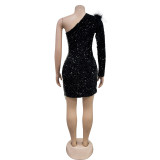 Fashion Single Shoulder Sequin Split Mini Dress BY-6719