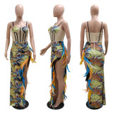 Sexy Sling Velour Patchwork Sequin Split Feather Evening Dress CYA-900826