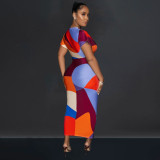 Fashion V Neck Print Split Pleated Maxi Dress BY-6660